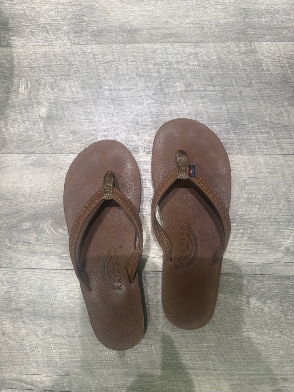 Rainbow Brown Leather Flip Flops with Stitched Thong